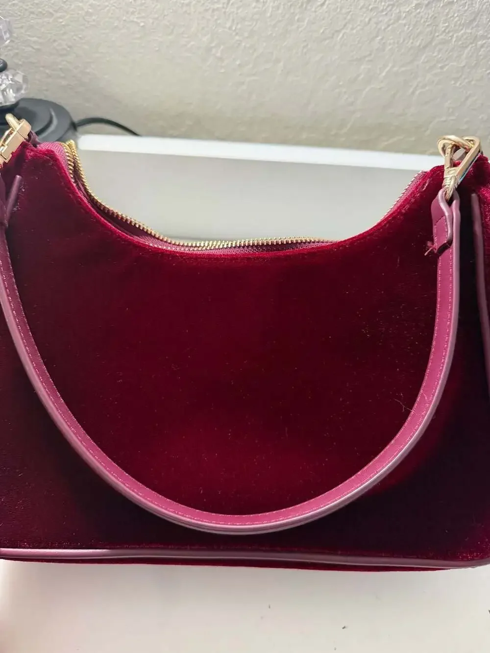Guess Marsha Mini Crossbody Bag in Burgundy Velvet with Rhinestones